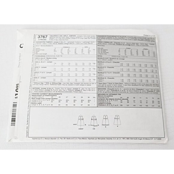 McCalls 3767 Sewing Pattern Easy Girls Jumper Round V Neck Raised Waist Narrow - Picture 3 of 3